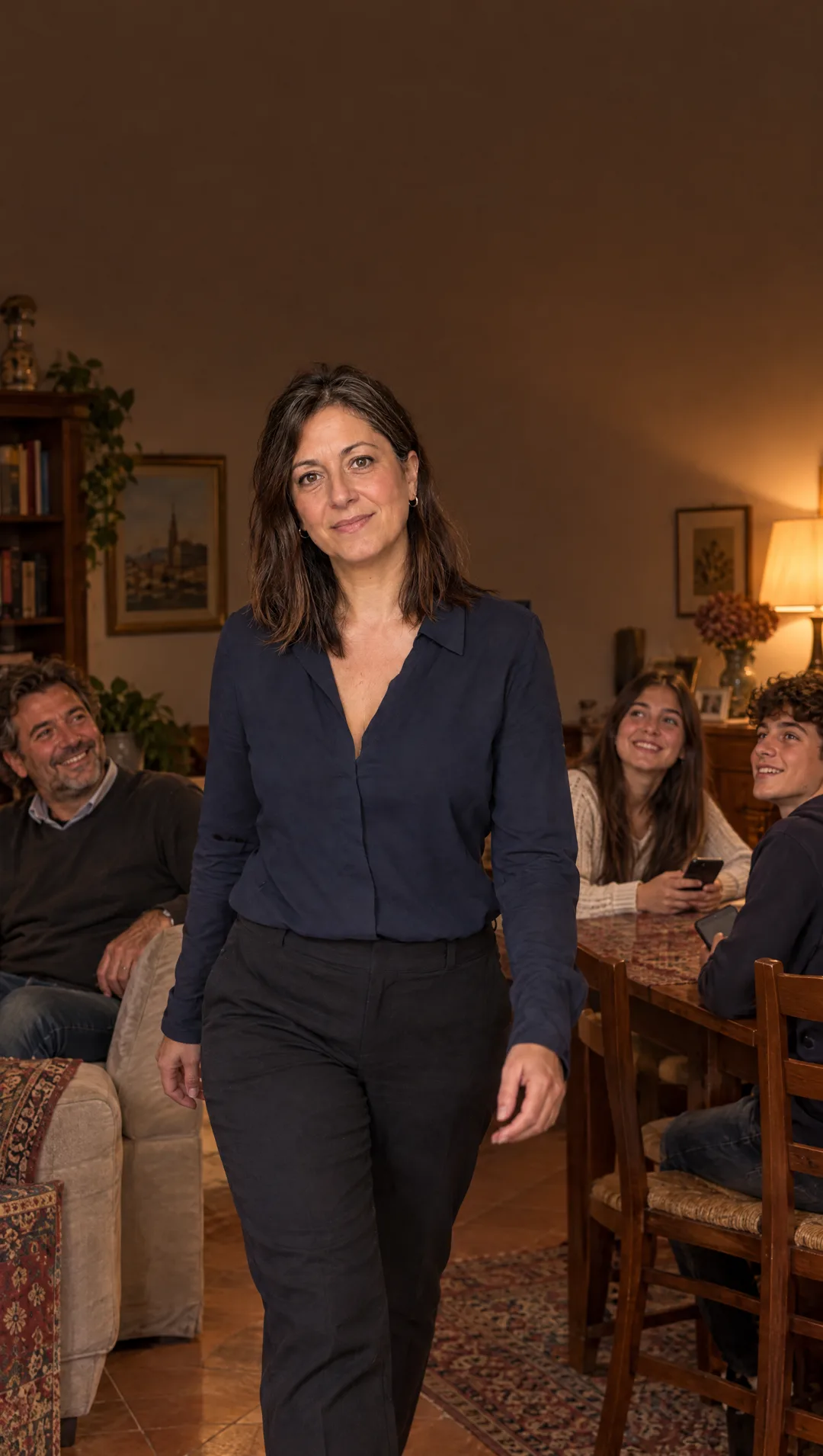 Entra in salotto e marito e figli si girano verso di lei