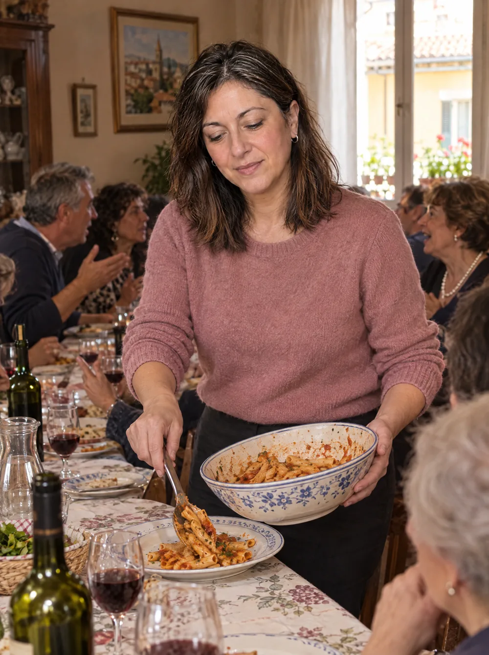 Serve in tavola al pranzo dei parenti mentre tutti parlano fra loro